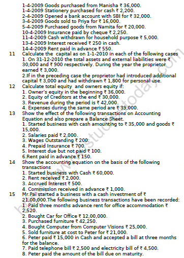 CBSE Class 11 Accountancy Accounting Equation Worksheet Set A